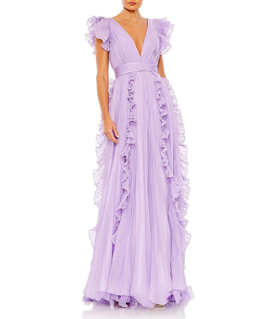 Mac Duggal Pleated Ruffle Cap Sleeve Deep V-Neck Flowy A-Line Gown Product Image