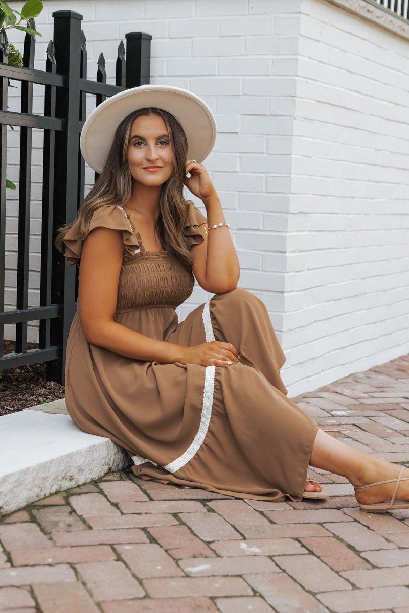 Brown Contrast Flutter Sleeve Midi Dress Female Product Image