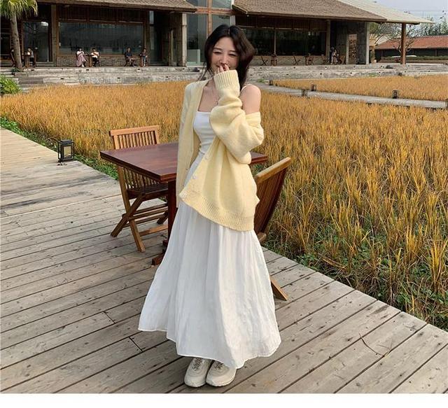 Spaghetti Strap Plain Maxi A-Line Dress / Open Front Cardigan Product Image