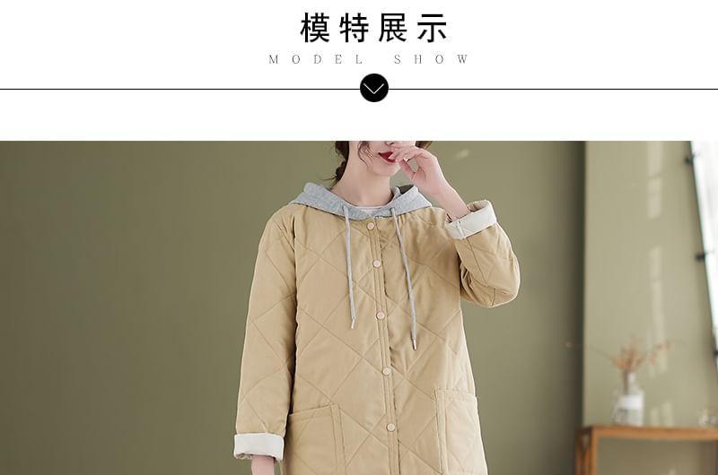 Plain Hooded Quilted Midi Single-Breasted Jacket Product Image