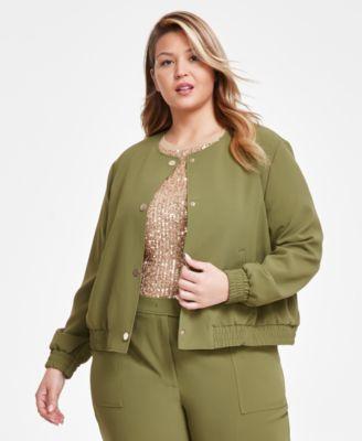 Plus Size Twill Collarless Snap-Front Bomber Jacket Product Image