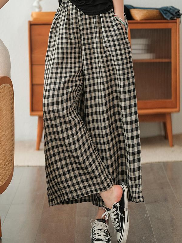 Artistic Retro Linen Loose Wide Legs Plaid Drawstring Pants product image