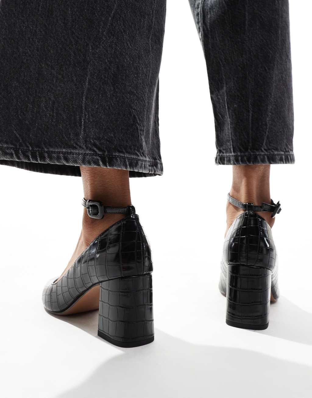 ASOS DESIGN Security mid block heeled shoes in black croc Product Image