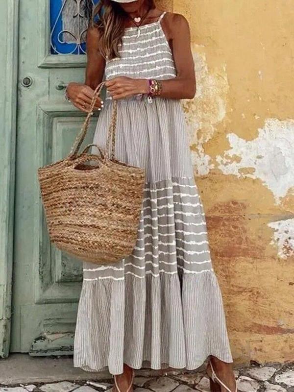 A-Line Loose Split-Joint Striped Spaghetti-Neck Maxi Dresses Product Image