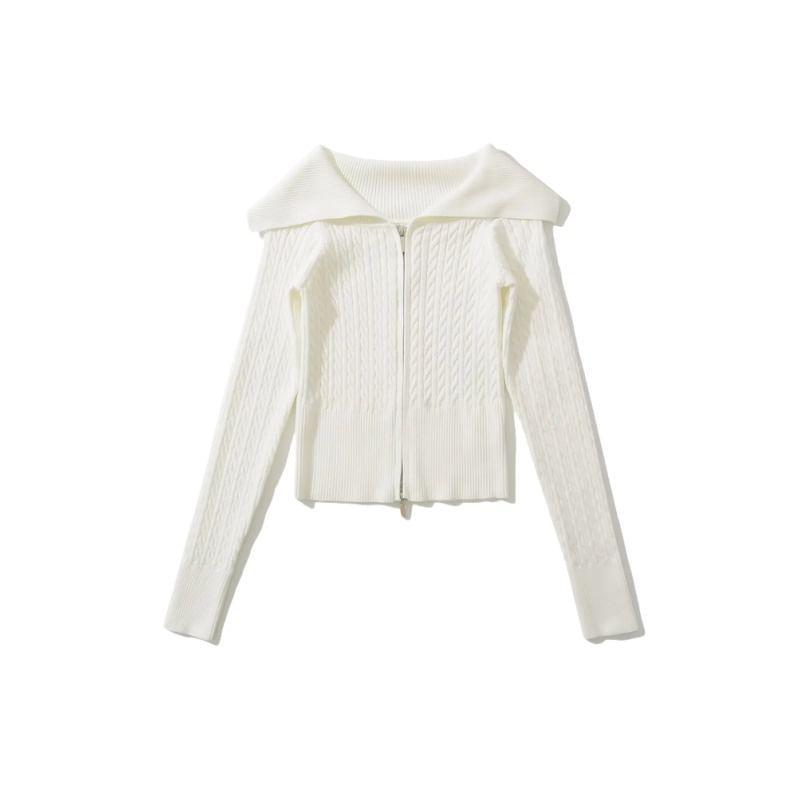 Off-Shoulder Plain Cable Knit Zip-Up Crop Cardigan Product Image