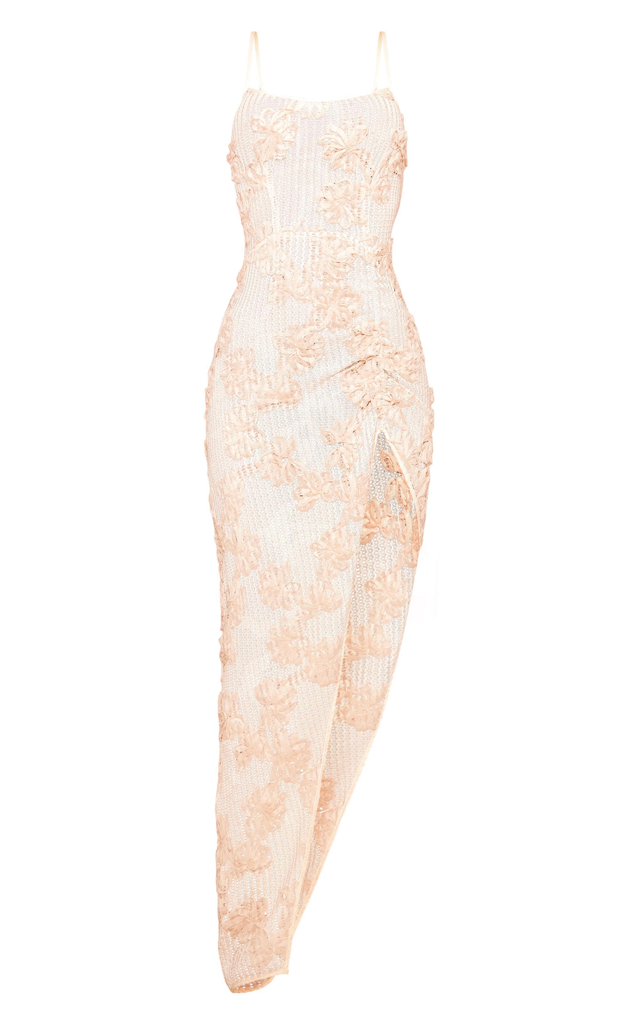 Cream Crochet Floral Detail Ruched Midi Dress Product Image