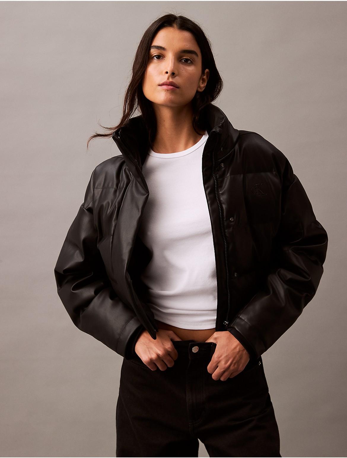 Calvin Klein Womens Classic Faux Leather Puffer Jacket - Black - S Product Image