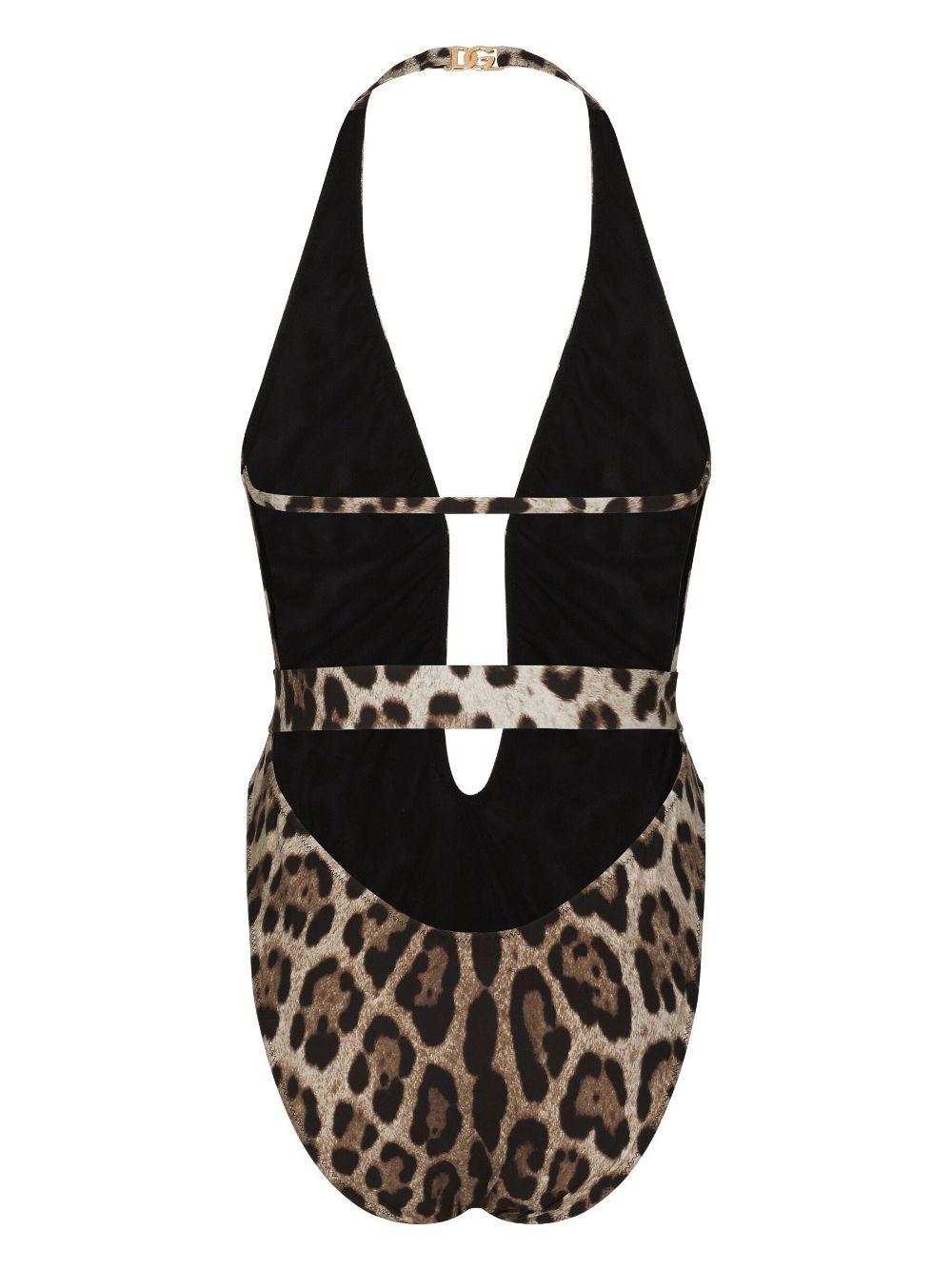 Plunge-neck Leopard-print High-leg Swimsuit In Animal Print Product Image