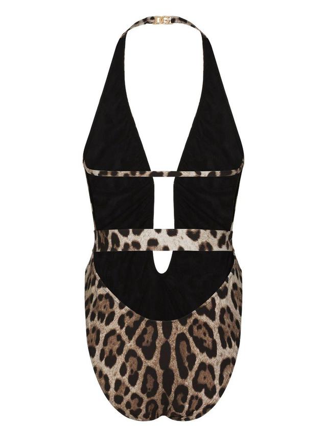 Plunge-neck Leopard-print High-leg Swimsuit In Animal Print Product Image