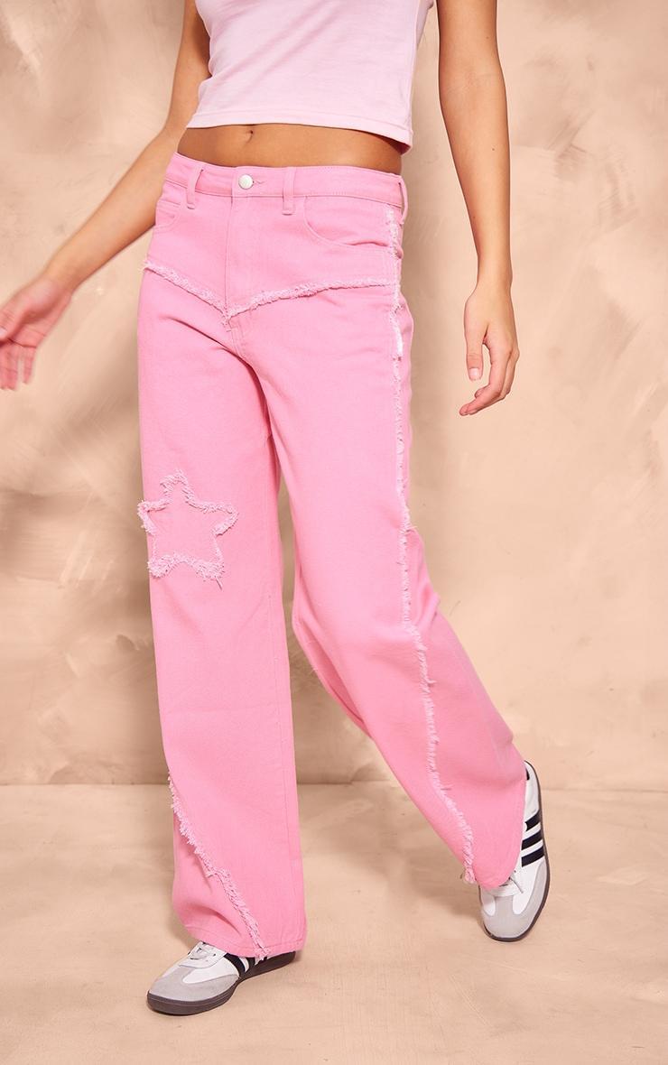 Candy Pink Raw Hem Detail Star Applique Wide Leg Jeans Product Image