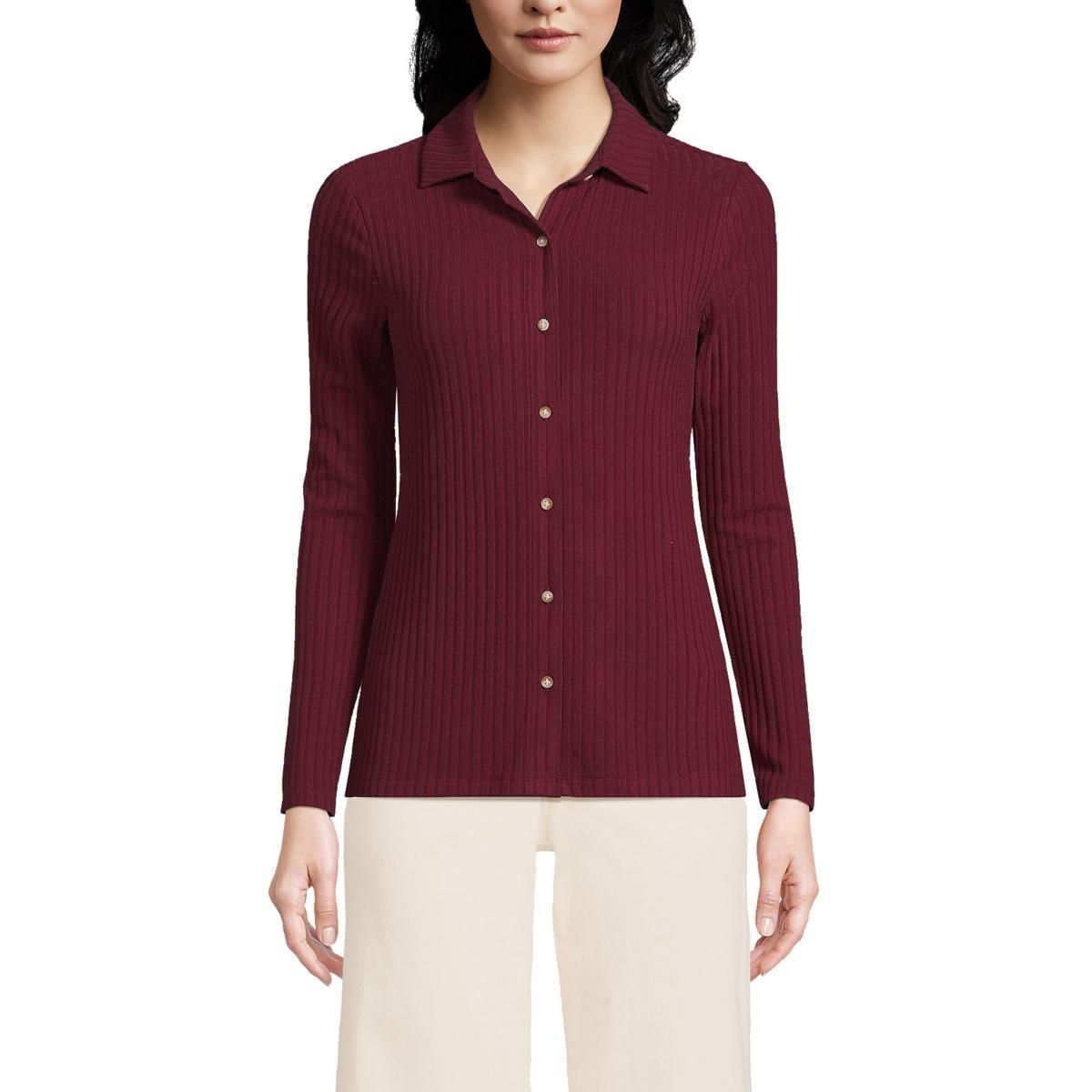 Womens Lands End Long-Sleeve Ribbed Button-Front Polo Top Product Image