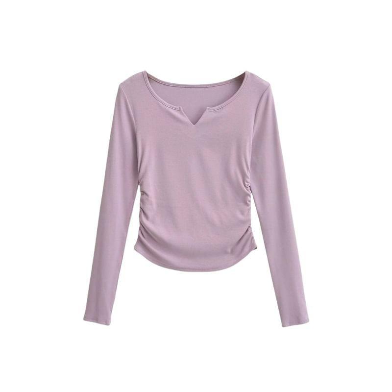 Long Sleeve Notch Neck Plain Ruched T-Shirt Product Image