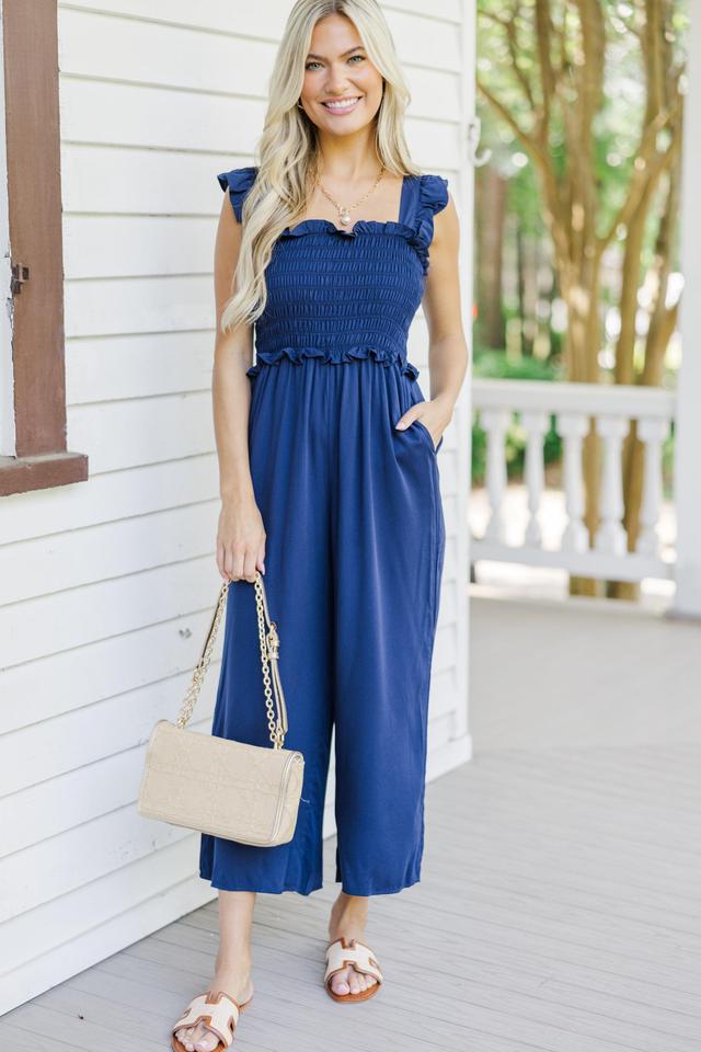 All For You Navy Blue Smocked Jumpsuit Female Product Image