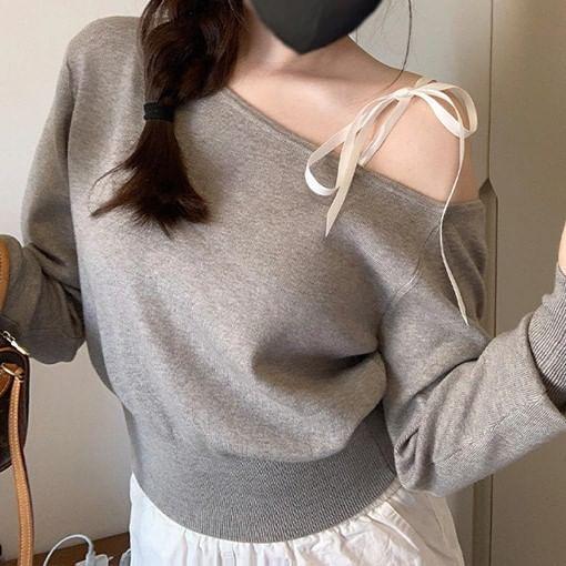 Long-Sleeve Cold Shoulder Plain Knit Top Product Image