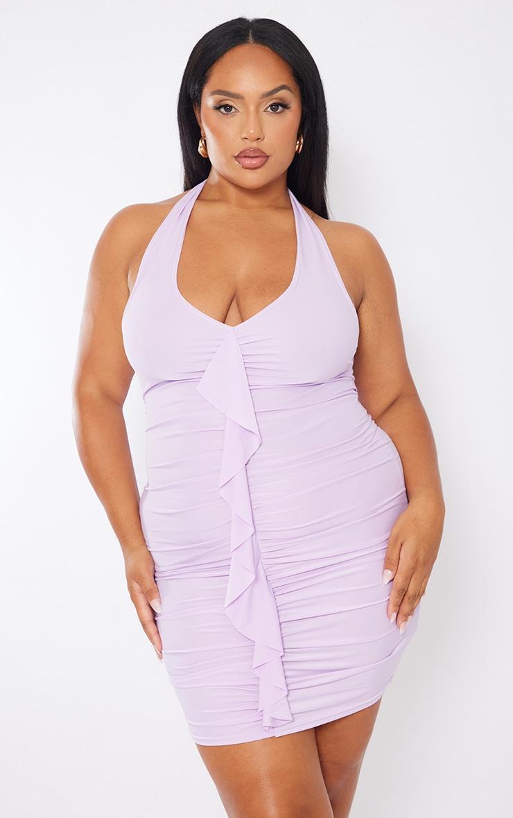 Plus Lilac Ruffle Detail Halterneck Bodycon Dress Product Image