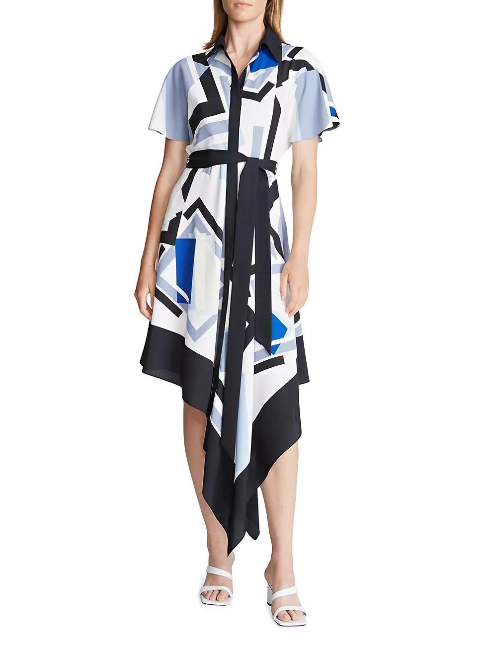 Hadley Crepe-De-Chine Geometric Belted Midi-Dress Product Image