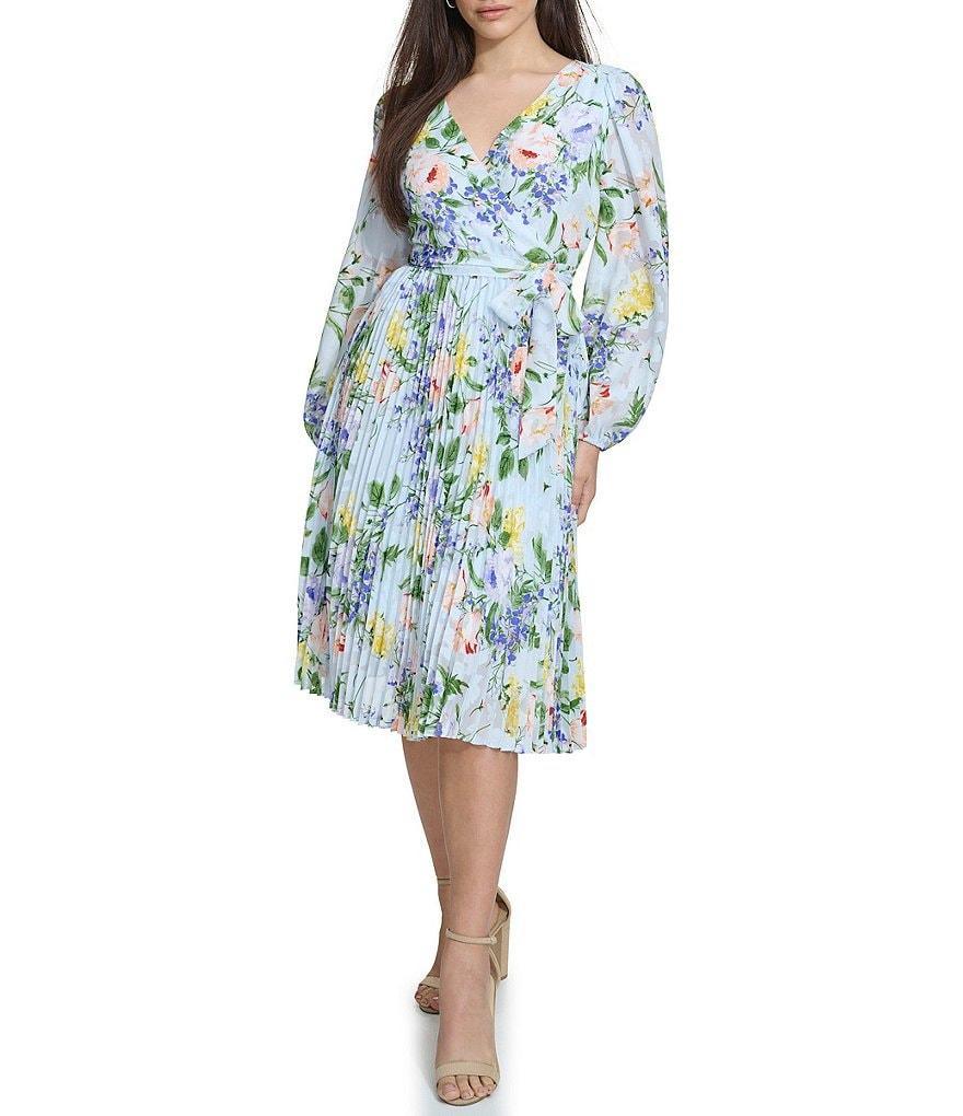 Kensie Floral Pleated Surplice V Neckline Long Balloon Sleeve Dress Product Image