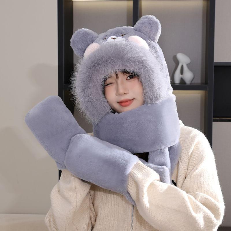 Bear Faux Fur Hooded Scarf with Mittens product image