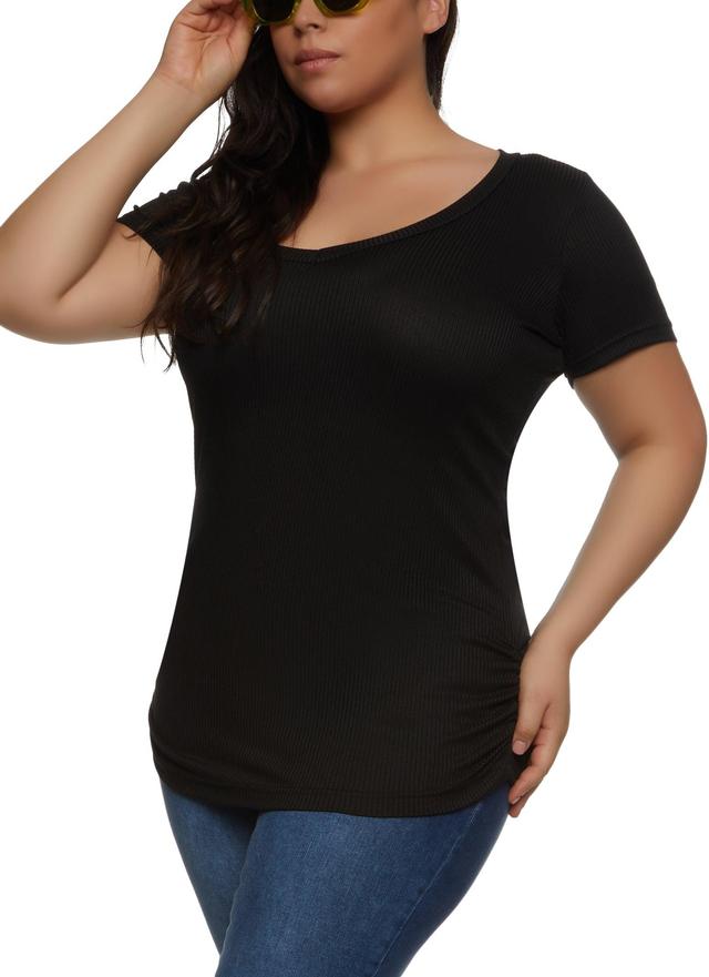 Womens Plus Size Rib Knit Ruched Side V Neck Tee Product Image