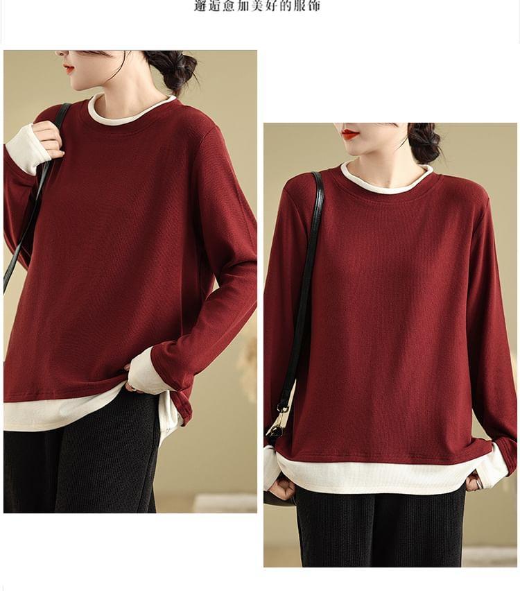 Mock Two-Piece Long-Sleeve Crewneck Two Tone Tee Product Image