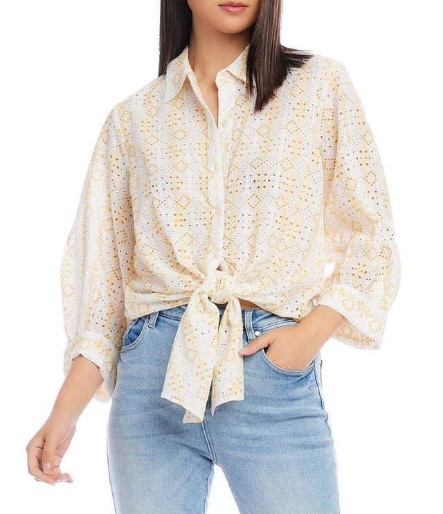 Karen Kane Contrast Embroidered Eyelet 3/4 Blouson Sleeve Button Down Tie-Front Top Product Image