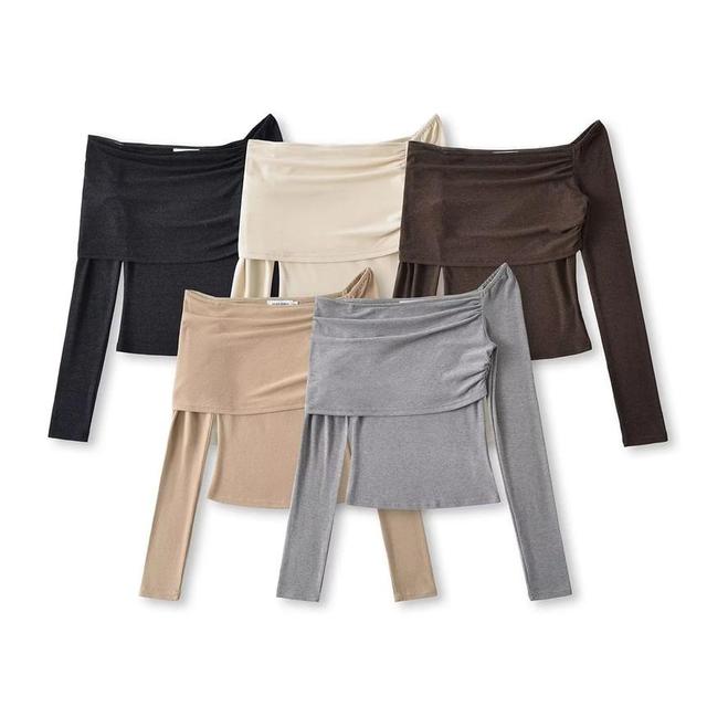 Long Sleeve Off Shoulder Plain Ruched Crop T-Shirt Product Image