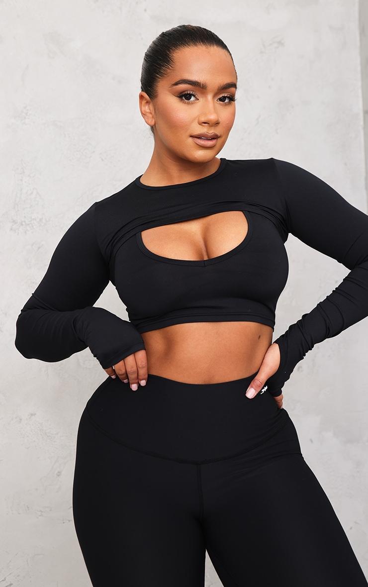  Shape Black Brushed Cotton Branded Active Overlay Crop Top Product Image