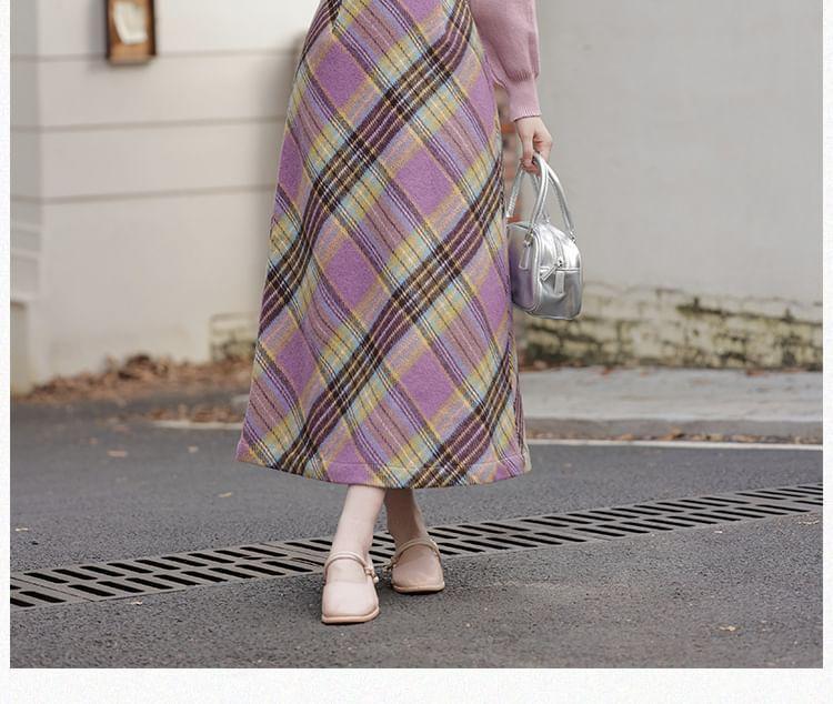 Set: Ribbon Neck Plain Sweater + High Waist Plaid Maxi A-Line Skirt Product Image