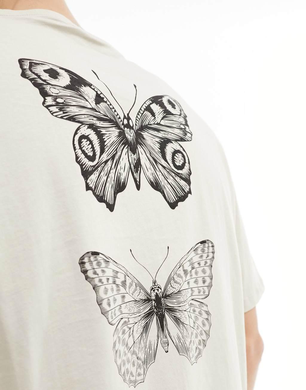 Jack & Jones oversized T-shirt with butterfly back print in beige Product Image