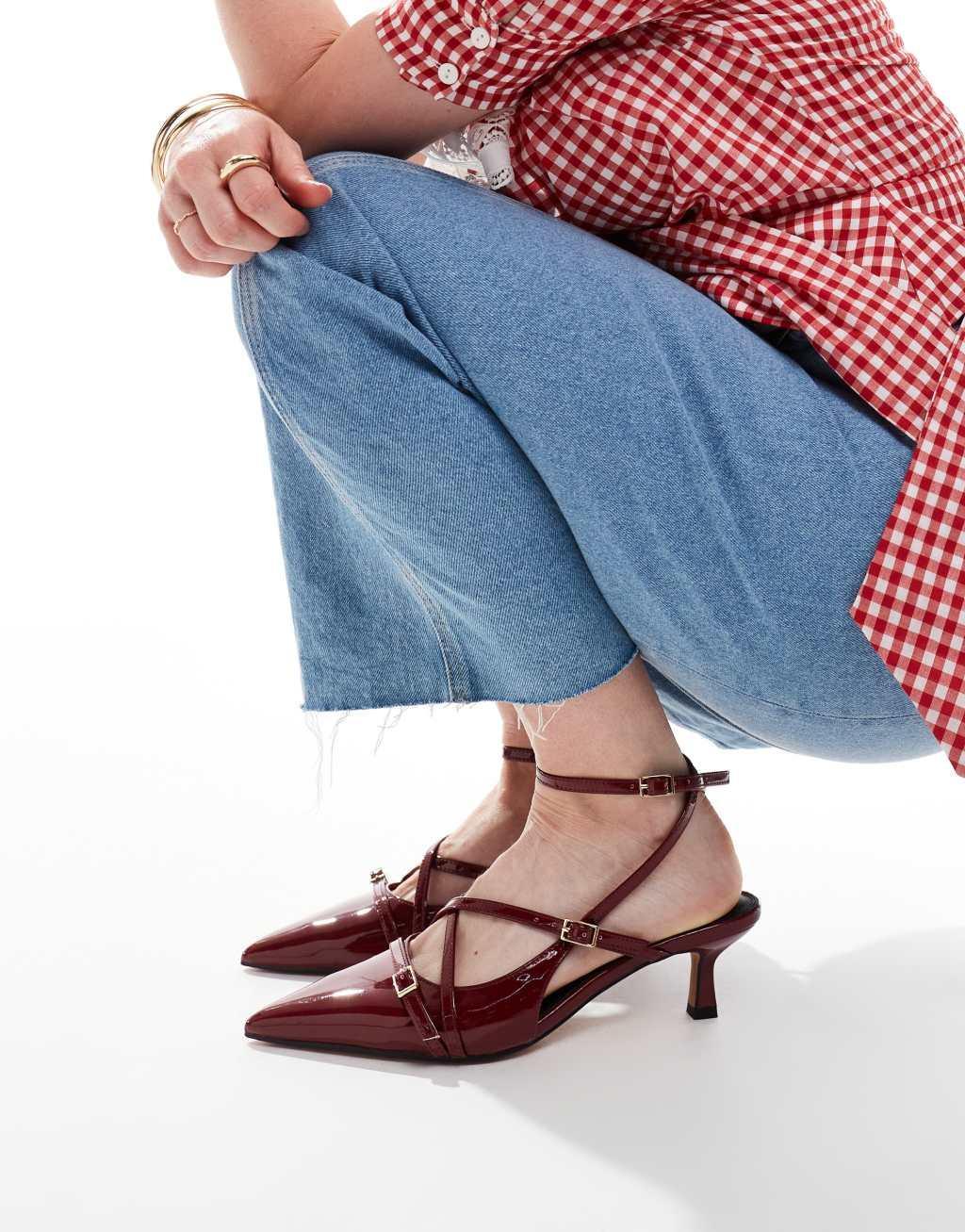 ASOS DESIGN Wide Fit Scottie buckle detail kitten heeled shoes in burgundy Product Image