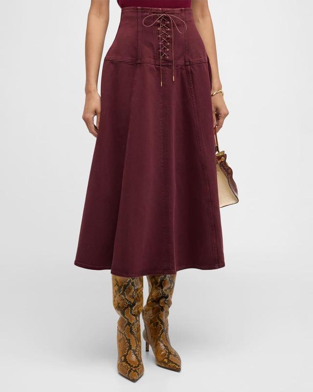 The Estelle Lace-Up Denim Midi Skirt Product Image