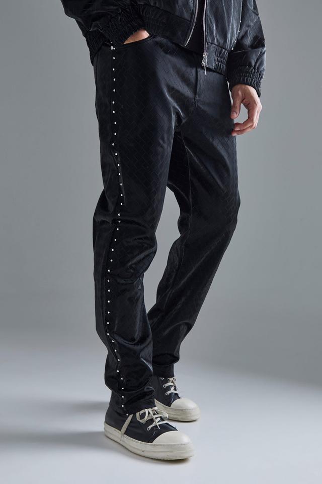 Mens Black Fixed Waist Straight Weave Pu Trousers, Black Product Image