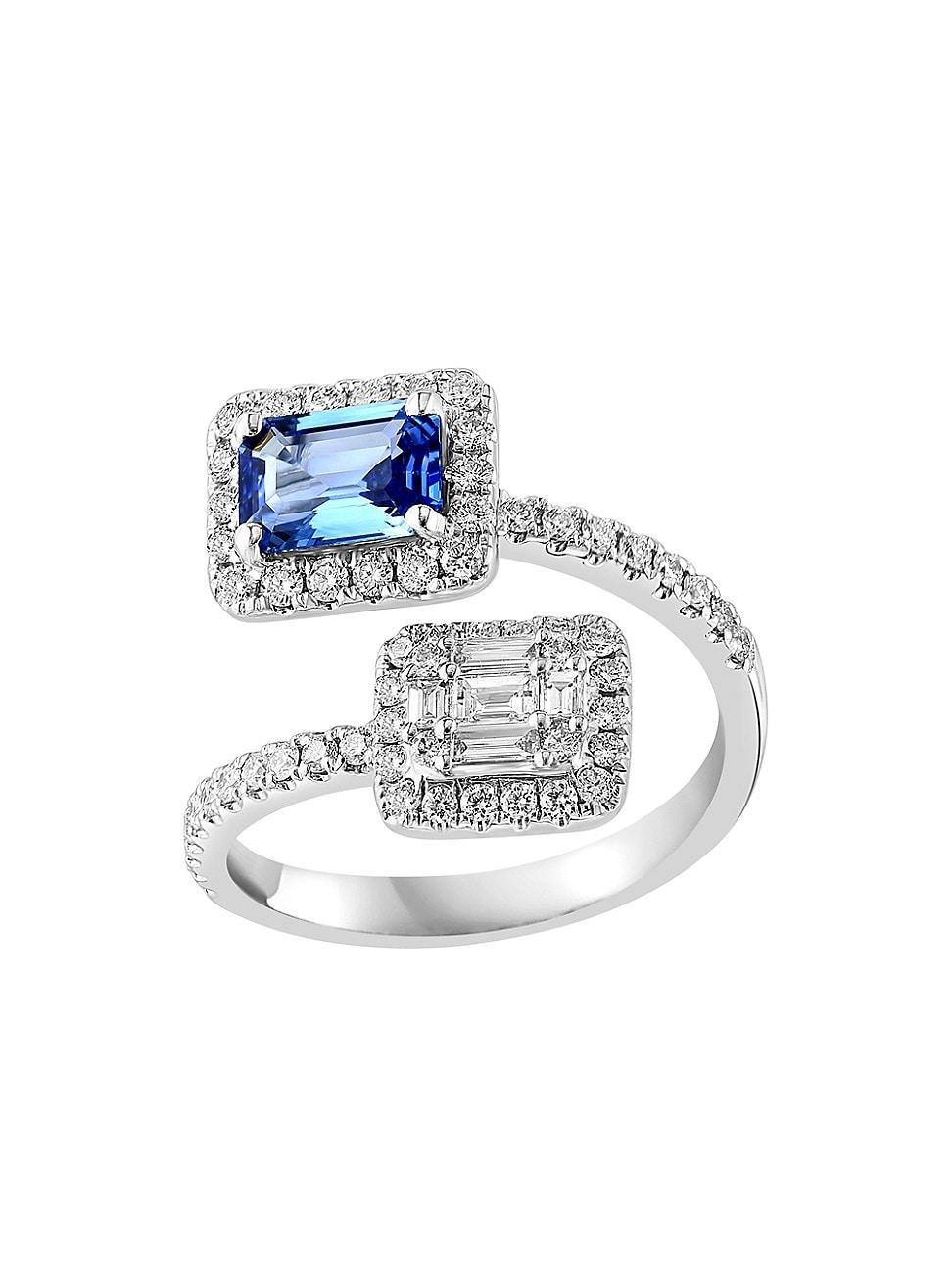 Womens 18K White Gold, Blue Sapphire & 0.19 TCW Diamond Bypass Ring Product Image