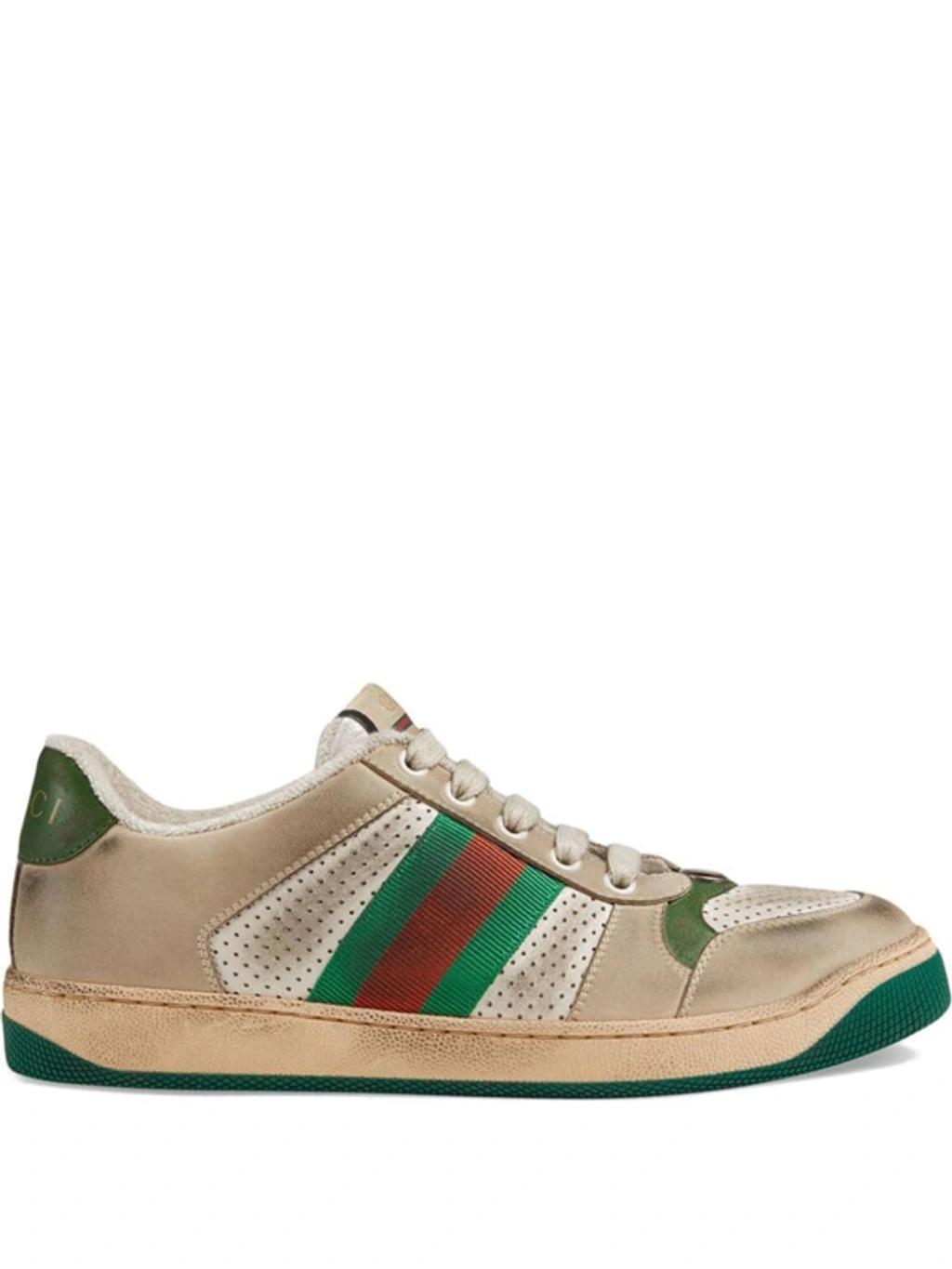 GUCCI Screener Embellished Canvas-trimmed Distressed Leather Sneakers In Light Beige Product Image