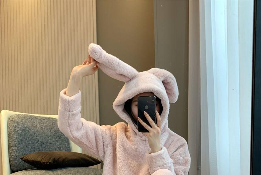 Pajama Set: Bunny Ear Hood Fleece Top + Lounge Pants Product Image