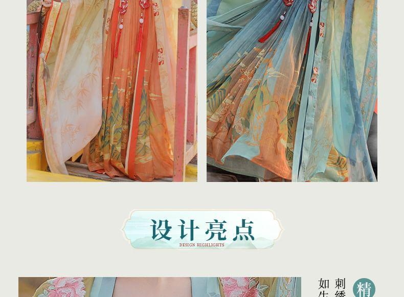 Set: Floral Embroidered Hanfu Maxi Dress + Long Light Jacket + Scarf + Fish Hanging Deco Product Image