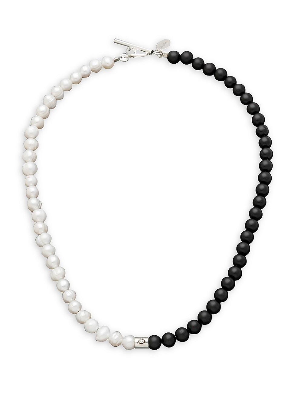 Mens Sterling Silver Freshwater Pearl & Black Agate Bead Necklace Product Image