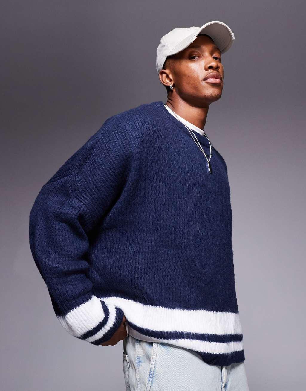 ASOS DESIGN super oversized boxy fit fluffy knitted sweater in navy with white tipping Product Image