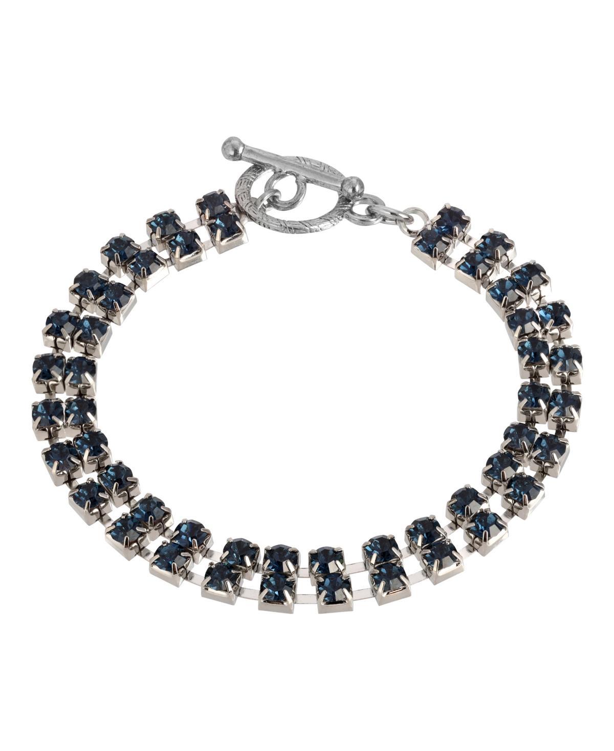 1928 Silver Tone Dark Blue 2 Row Rhinestone Toggle Bracelet, Womens Product Image