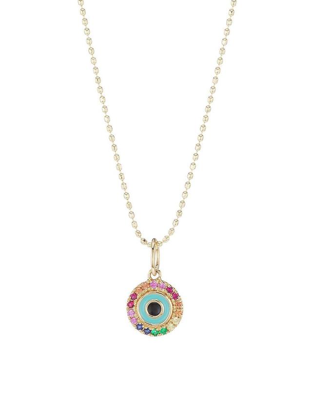 Womens 14K Yellow Gold & Rainbow Stone Evil Eye Charm Necklace Product Image