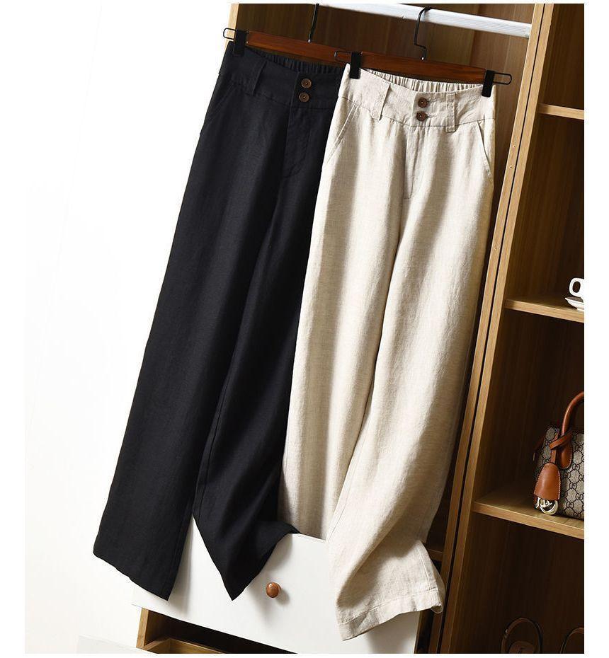 High Waist Linen Plain Wide Leg Pants Product Image