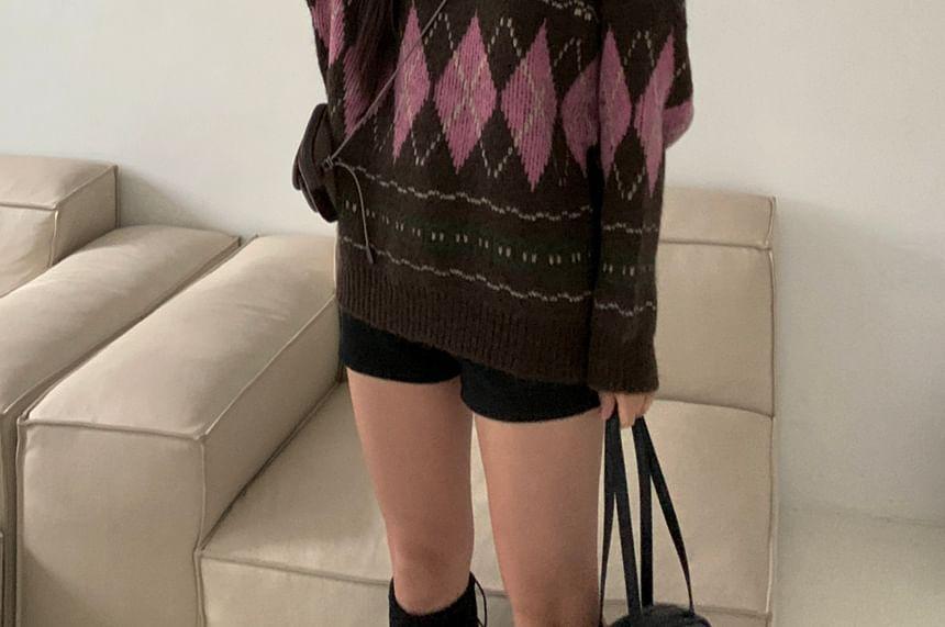 Round Neck Argyle Sweater Product Image