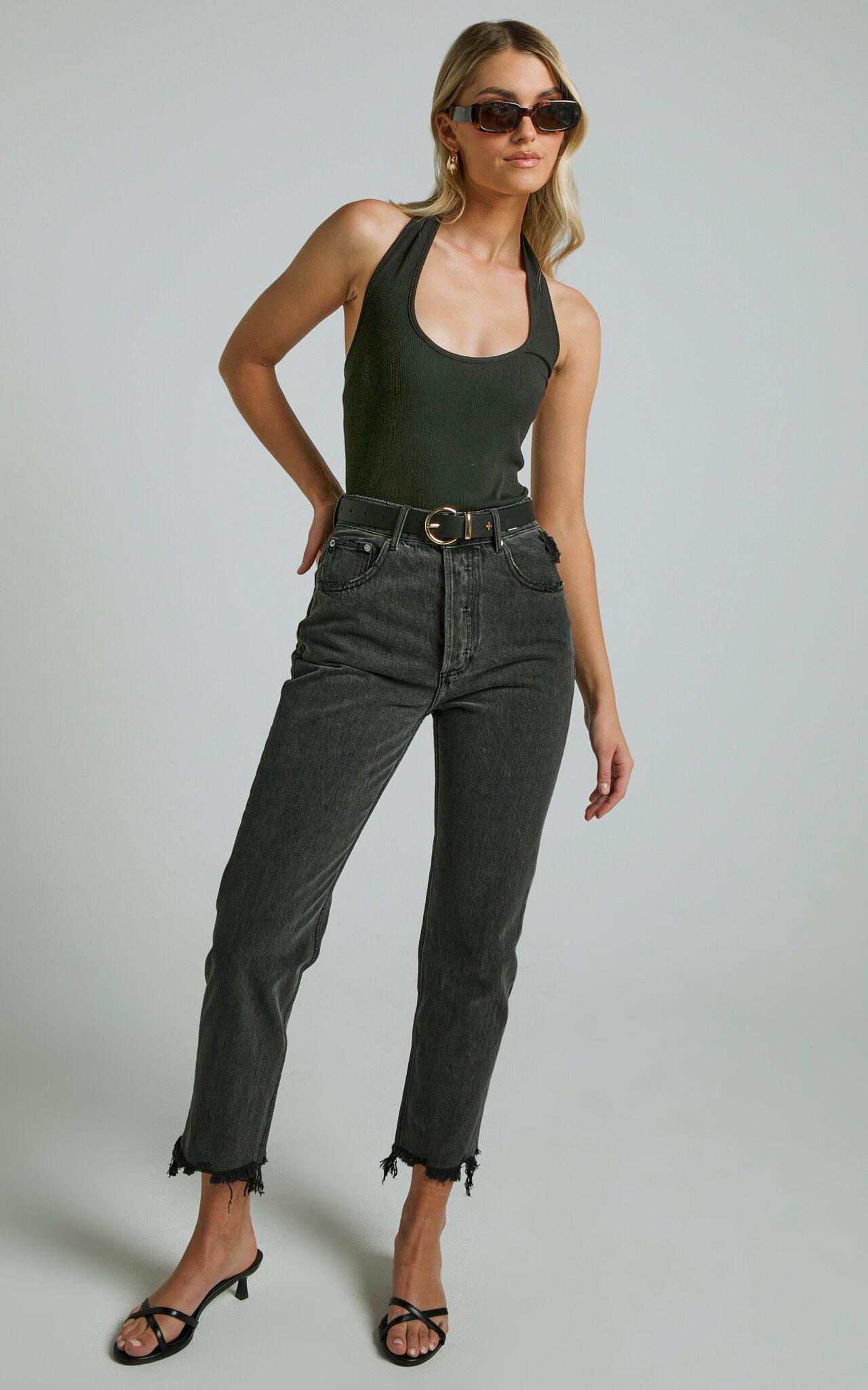 Zelrio Jeans - High Waisted Recycled Cotton Cropped Denim Jeans in Washed Black Product Image