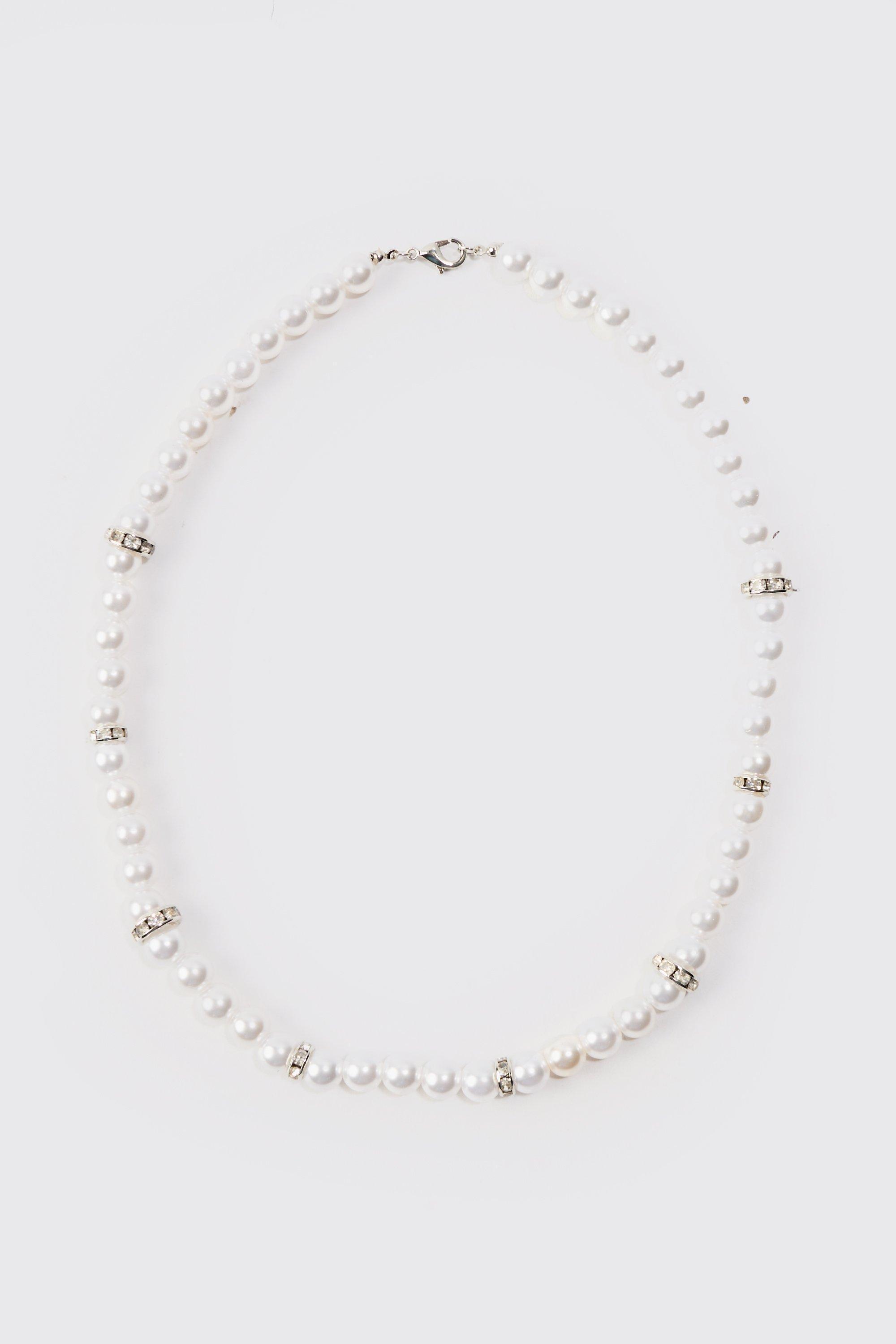 Iced Pearl Necklace In Silver | boohooMAN USA Product Image