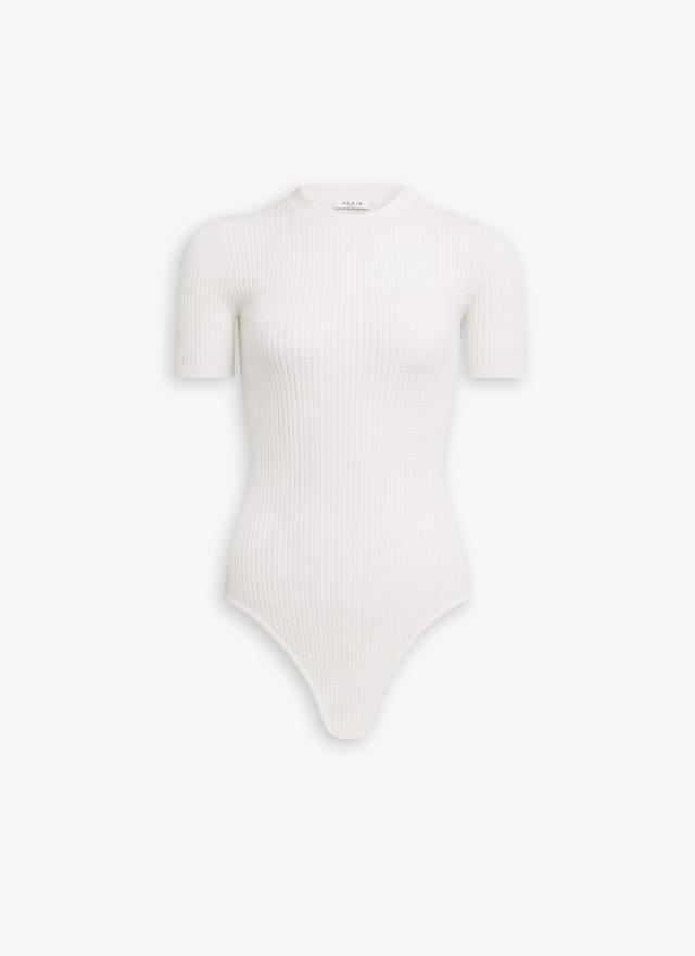 NATURAL WHITE SHORT SLEEVE BODY IN SHEER WOOL KNIT Product Image