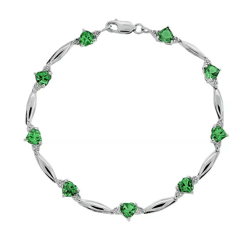 Gemminded Sterling Silver Lab-Created Emerald and Diamond Accent Heart Bracelet, Womens Green Product Image