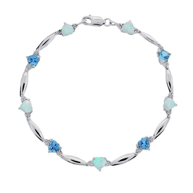 Gemminded Sterling Silver Blue Topaz, Lab-Created Opal and Diamond Accent Heart Bracelet, Womens Product Image