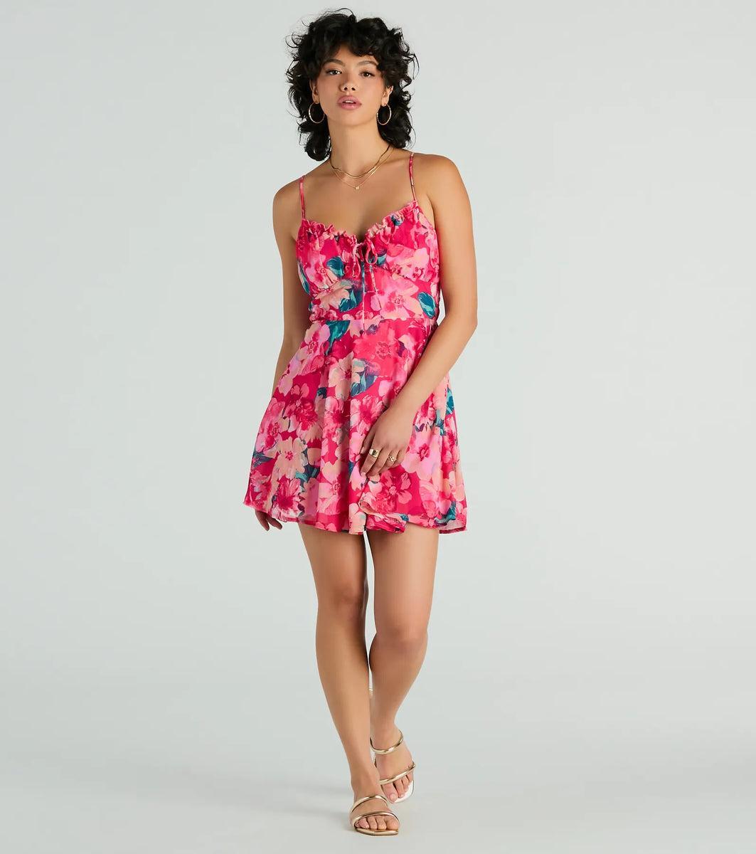 Tropical Blooms Floral Ruffle Chiffon Skater Dress Product Image