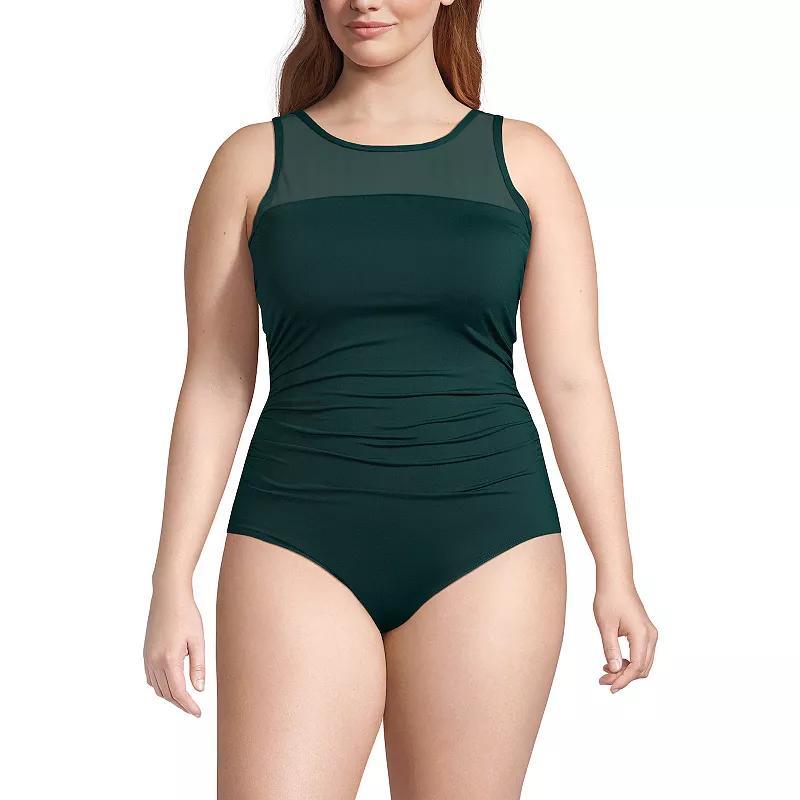 Plus Size Lands End Chlorine Resistant Smoothing Control Mesh High Neck One-Piece Swimsuit, Womens Product Image