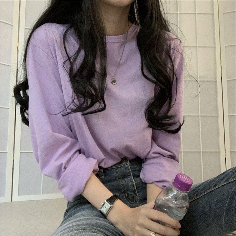 Long-Sleeve Round Neck Plain Tee Product Image